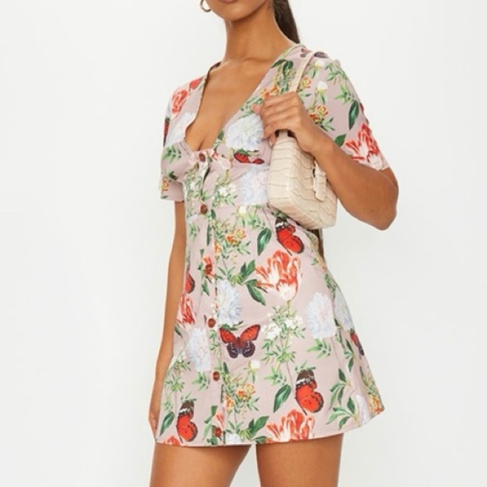 PrettyLittleThing Tan Button Mini Dress with Floral Butterfly Print